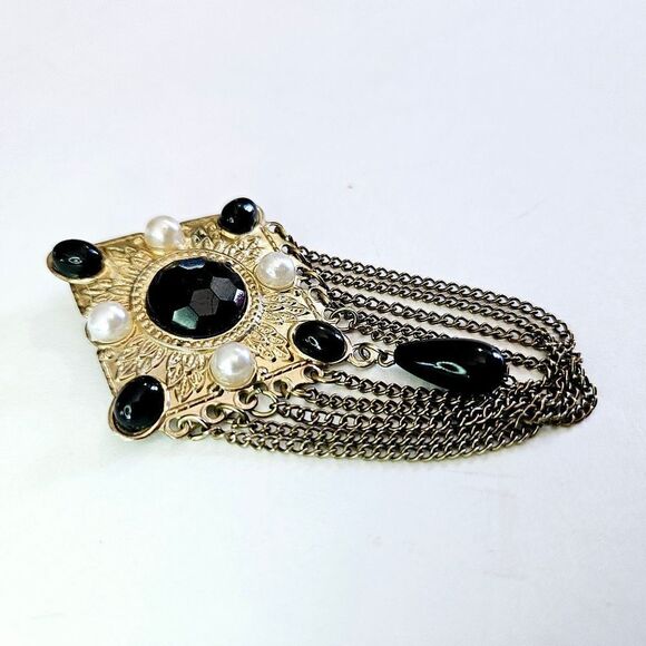 Vintage Victorian Revival Gold Tone Faux Onyx Cabochon Dangle Festoon Brooch Pin - Picture 6 of 9